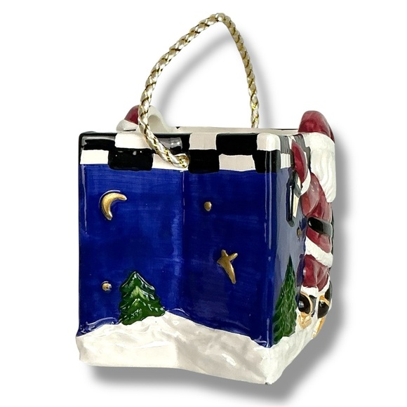 Vintage Ceramic Gift Bag Decorative Skating Santa Blue Christmas Holiday Theme - Picture 7 of 16